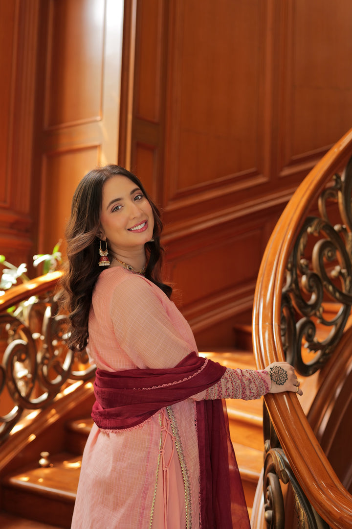 Omal by Komal - Ailiya (Frock & Dupatta) - Peach - Munar Line & Maysuri - 2 Piece