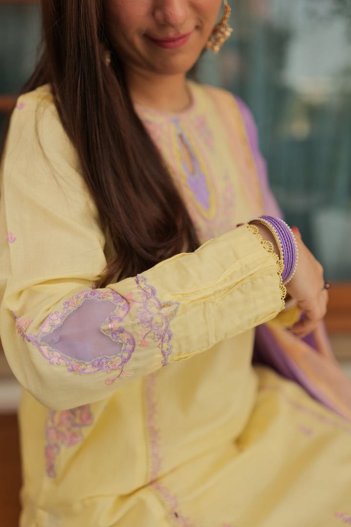 Omal by Komal - Leena - Lemon Yellow - Lawn & Chiffon - 3 Piece