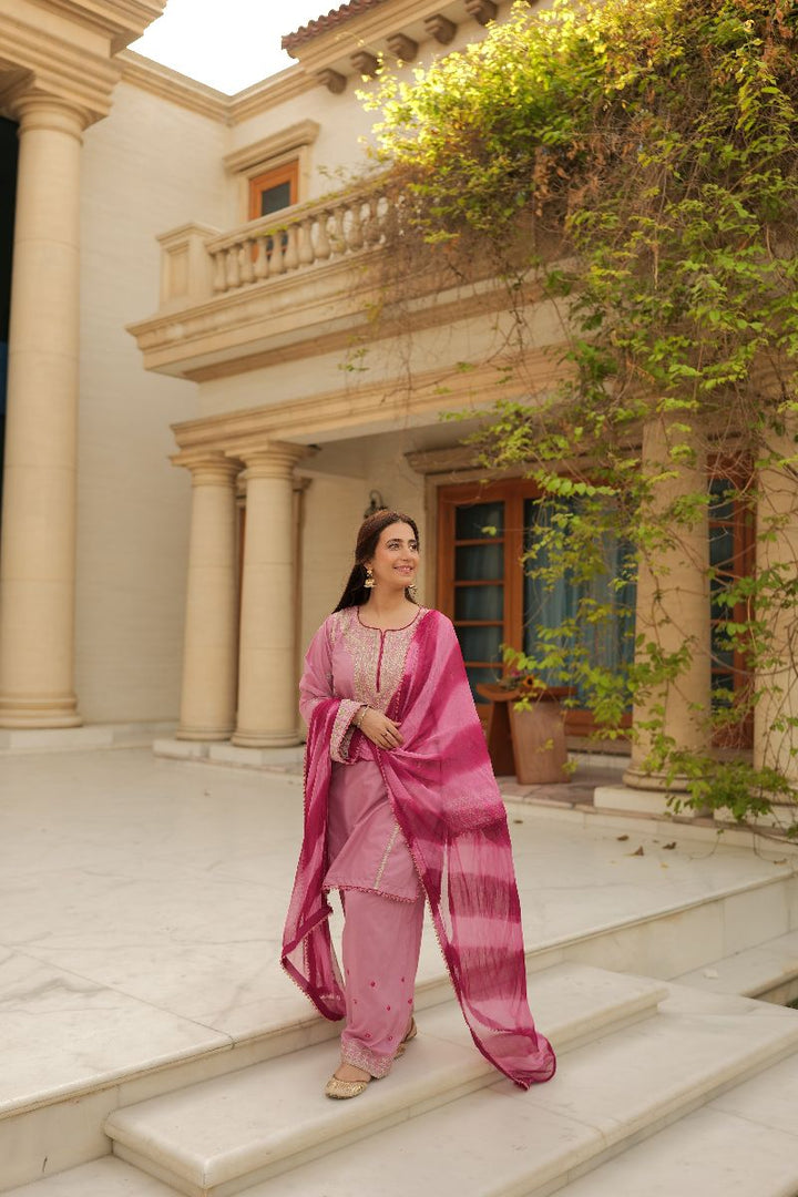 Omal by Komal - Faria - Pink - Lawn & Chiffon - 3 Piece