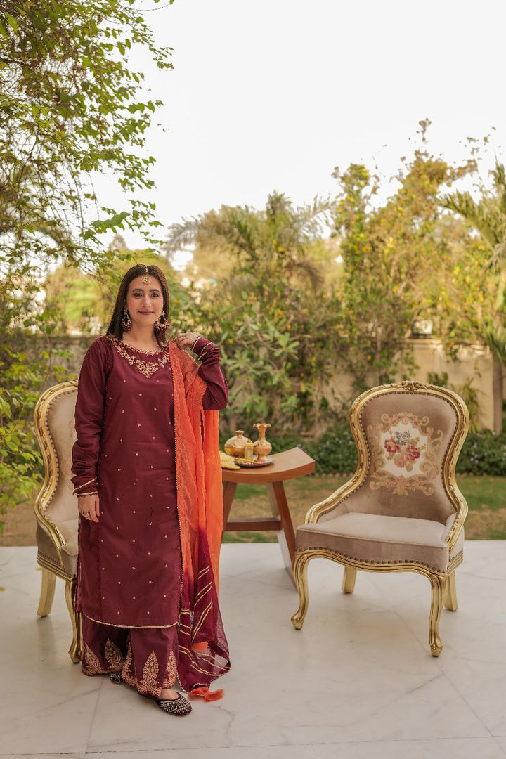 Omal by Komal - Maysa - Maroon - Lawn & Chiffon - 3 Piece