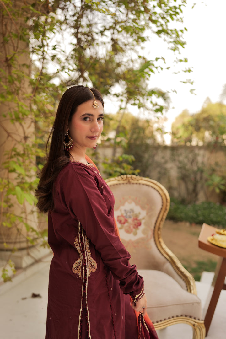 Omal by Komal - Maysa - Maroon - Lawn & Chiffon - 3 Piece