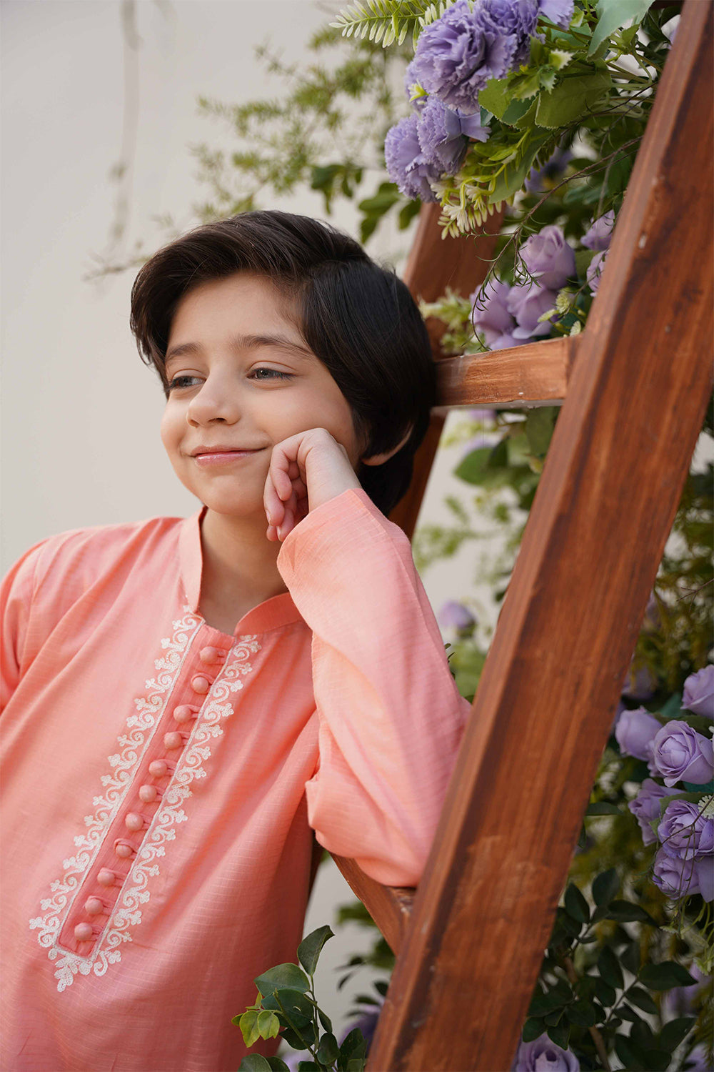 Hummingbirds - Rosy Apricot  Embroidered Kurta For Boy