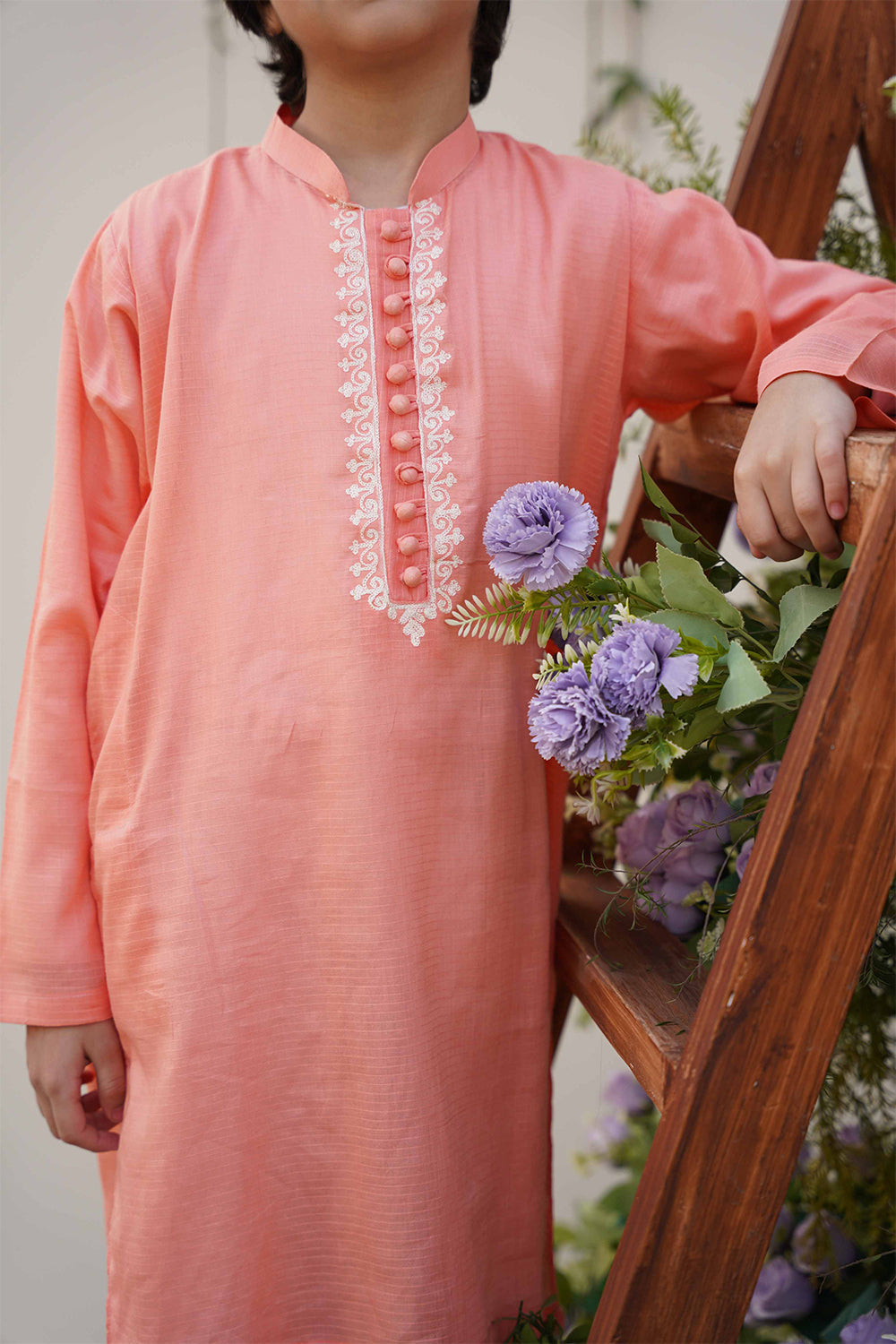 Hummingbirds - Rosy Apricot  Embroidered Kurta For Boy