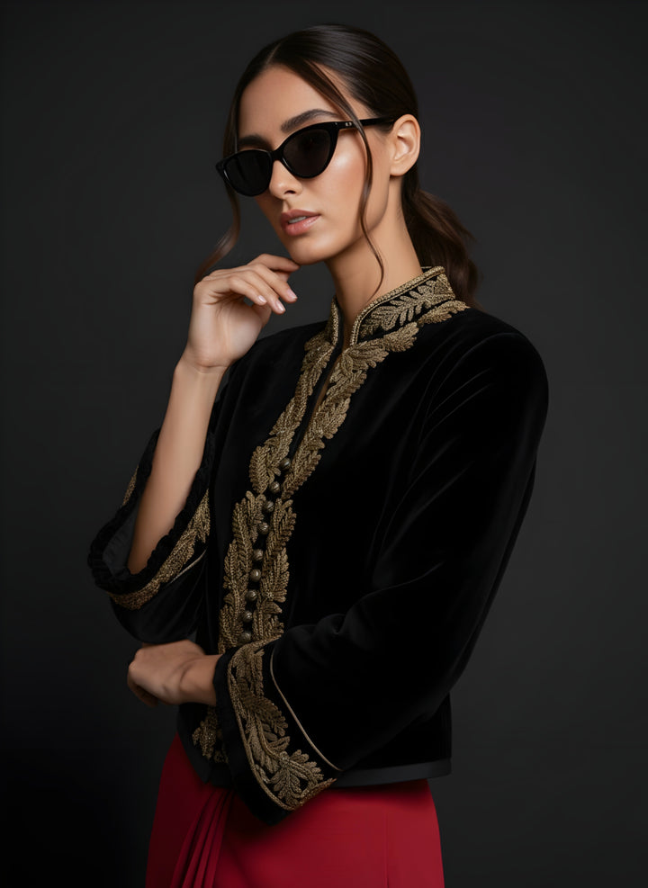 Maheen Khan - Imperial Silk Velvet Jacket For Women - Black - 1 Piece