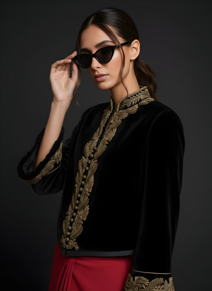 Maheen Khan - Imperial Silk Velvet Jacket For Women - Black - 1 Piece