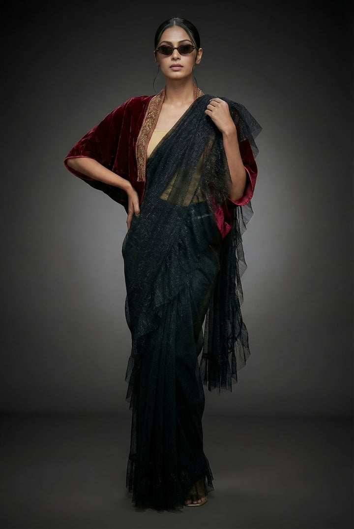 Maheen Khan - Seraphine Jersey Net Sari For Women - Black - 1 Piece