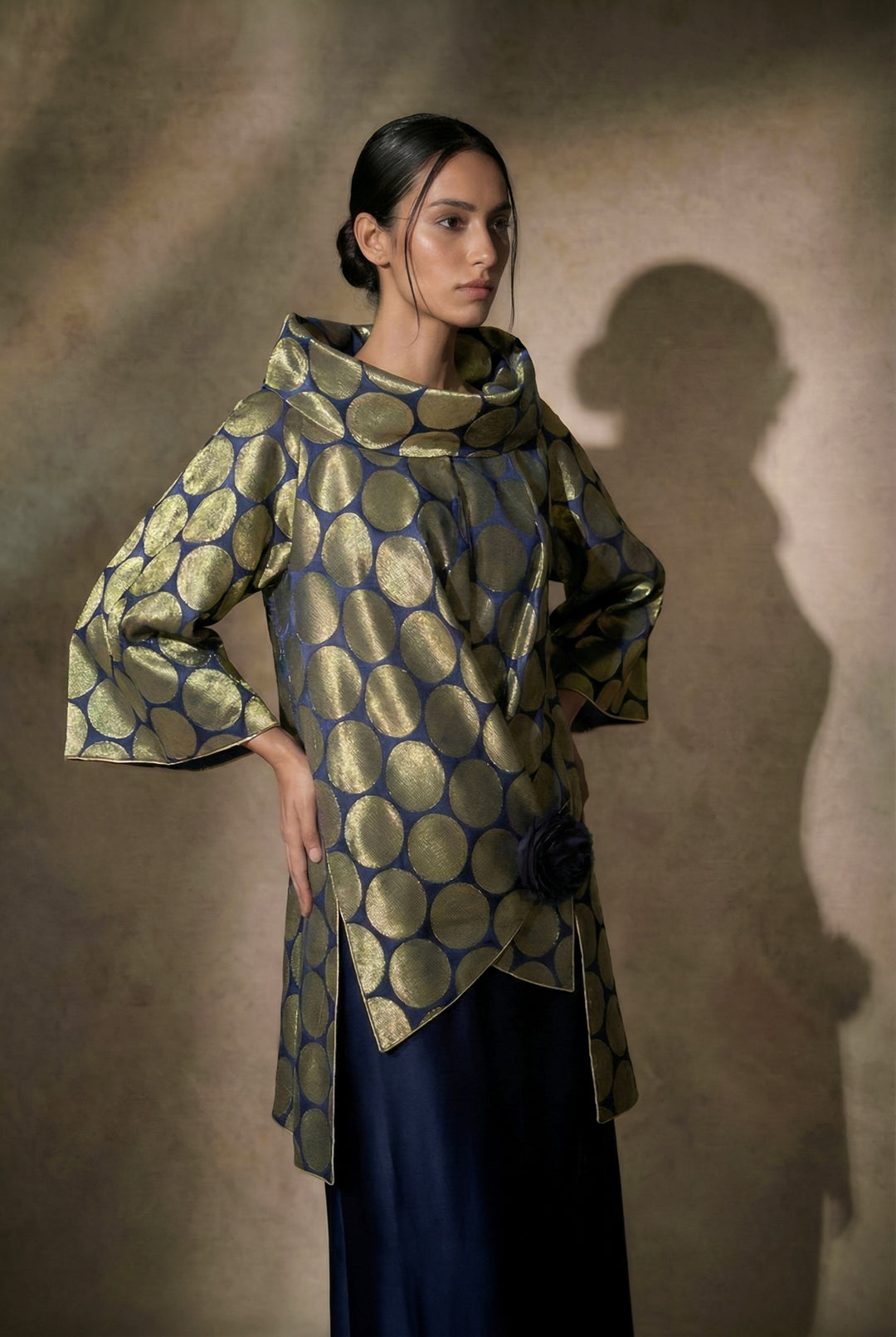 Maheen Khan - Midnight Brocade Silk Top For Women - Navy Gold - 1 Piece