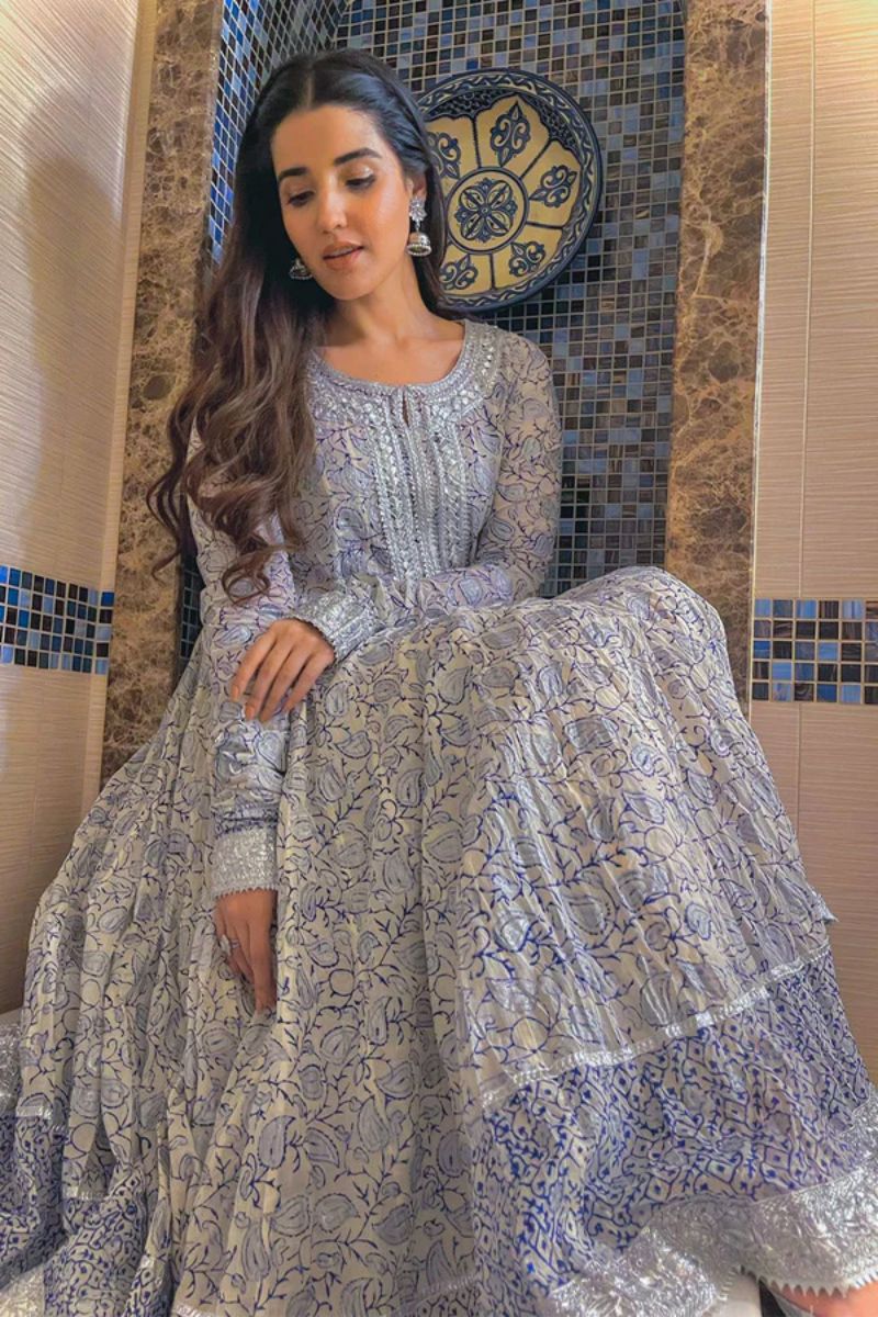 Pinktree - Aab-e-Rawaan - White & Blue - Muslin - 2 Piece