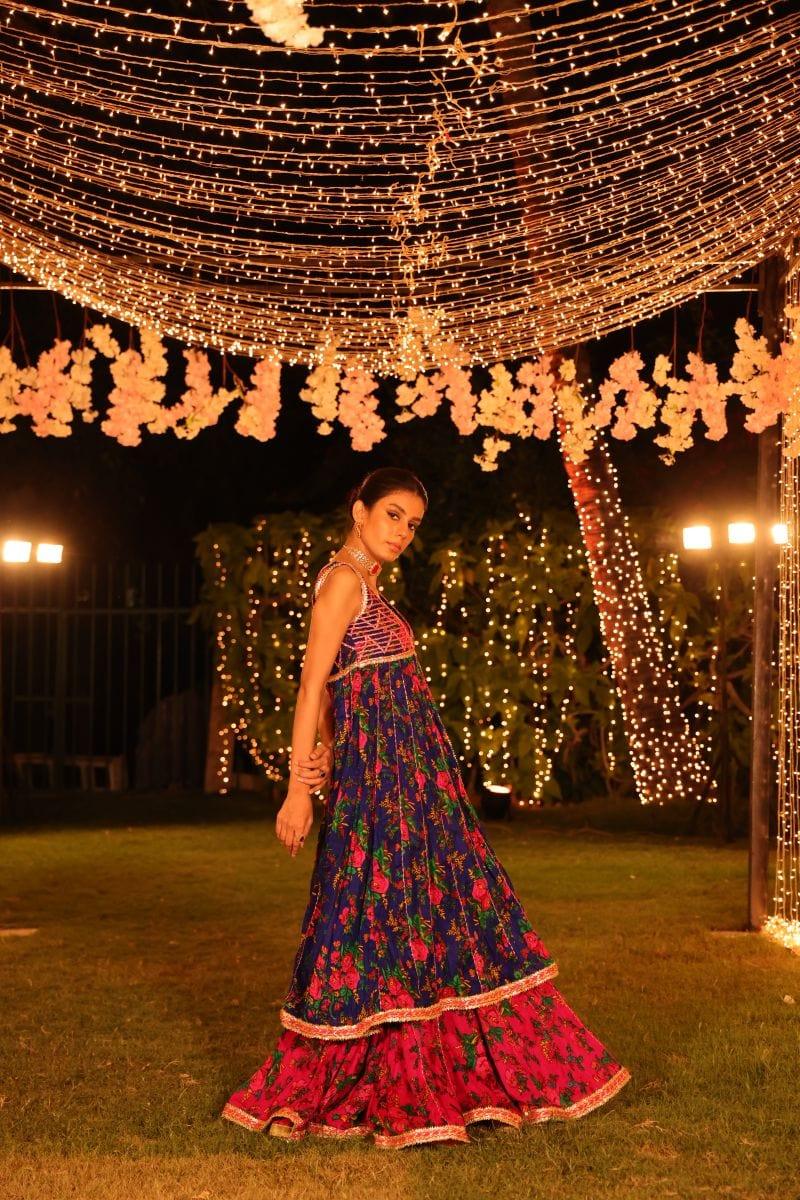 Pinktree - Bomb Shell - Gharara & Choli - Deep Blue & Hot Pink - 2 Piece