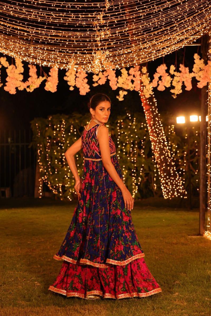 Pinktree - Bomb Shell - Gharara & Choli - Deep Blue & Hot Pink - 2 Piece