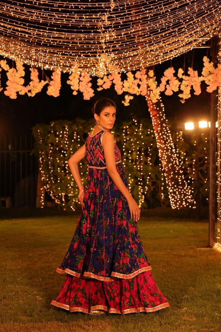 Pinktree - Bomb Shell - Gharara & Choli - Deep Blue & Hot Pink - 2 Piece