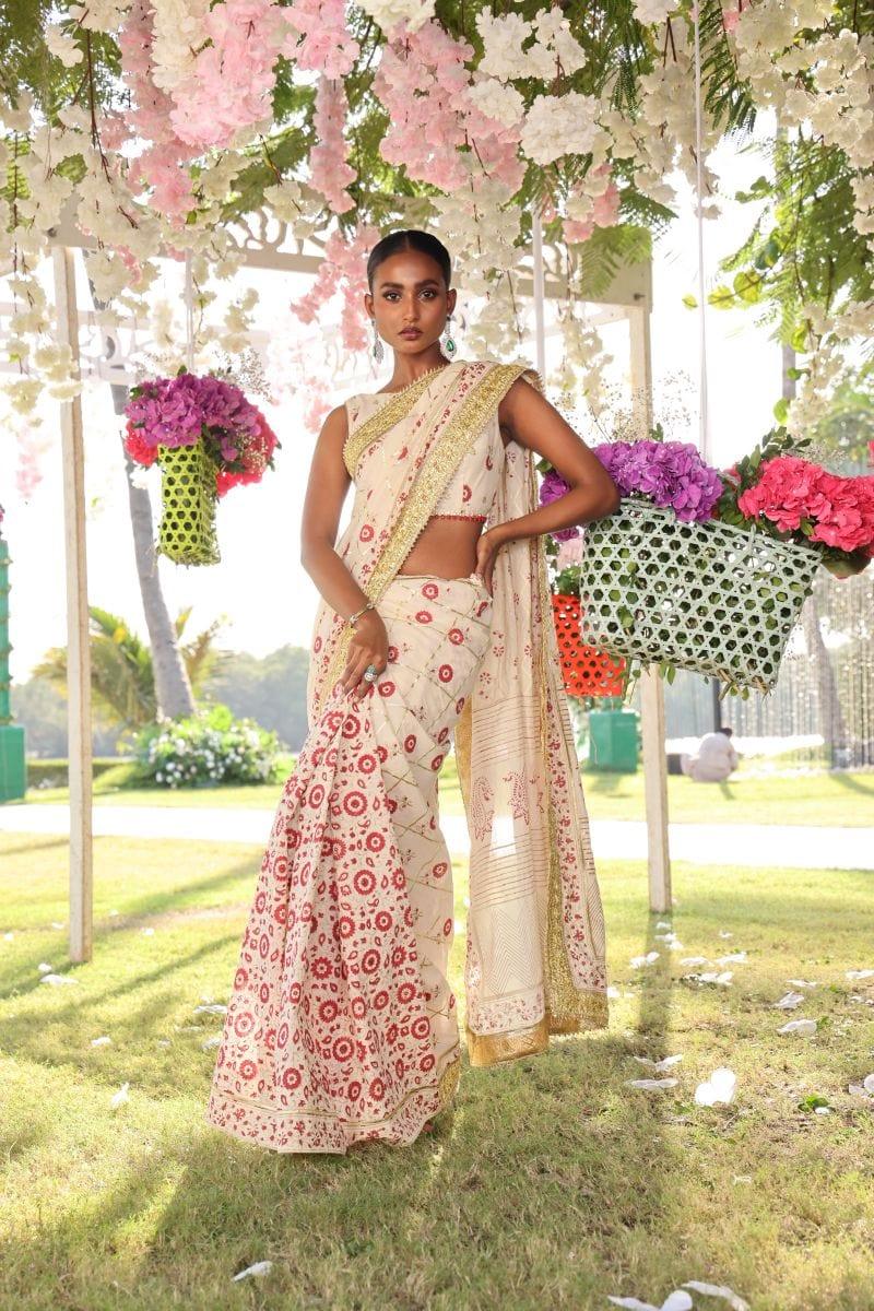 Pinktree - Dazzle - Saree - Cotton - Red & Gold - 3 Piece