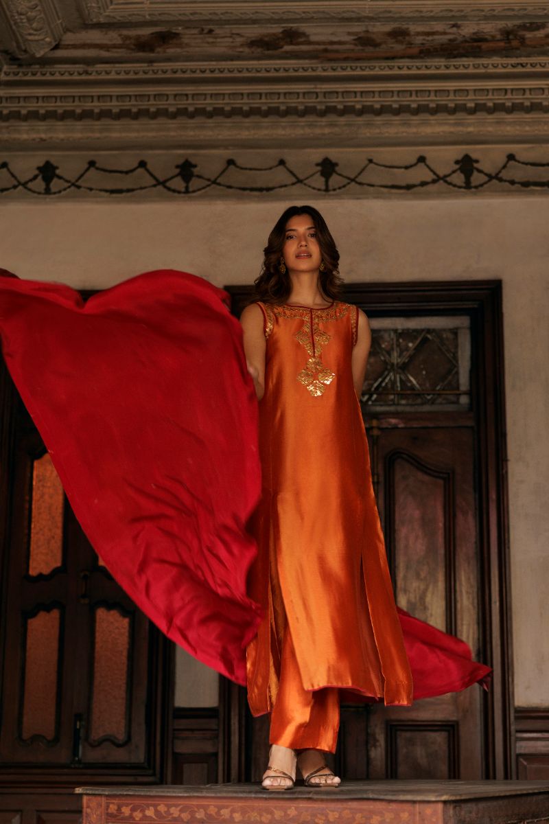 Pinktree - Gulnaar - Orange & Hot Pink - Pure Silk - 3 Piece