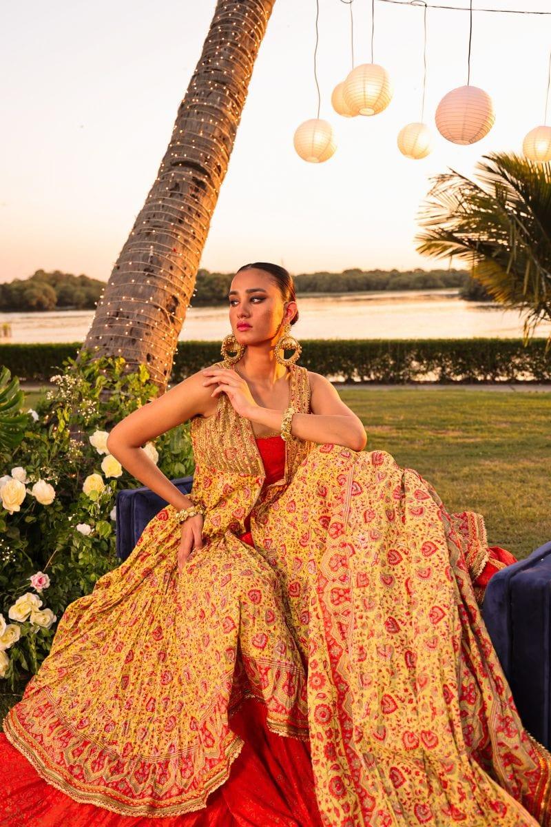 Pinktree - Head Over Heels - Gharara & Choli - Citrus Green & Gold - 3 Piece