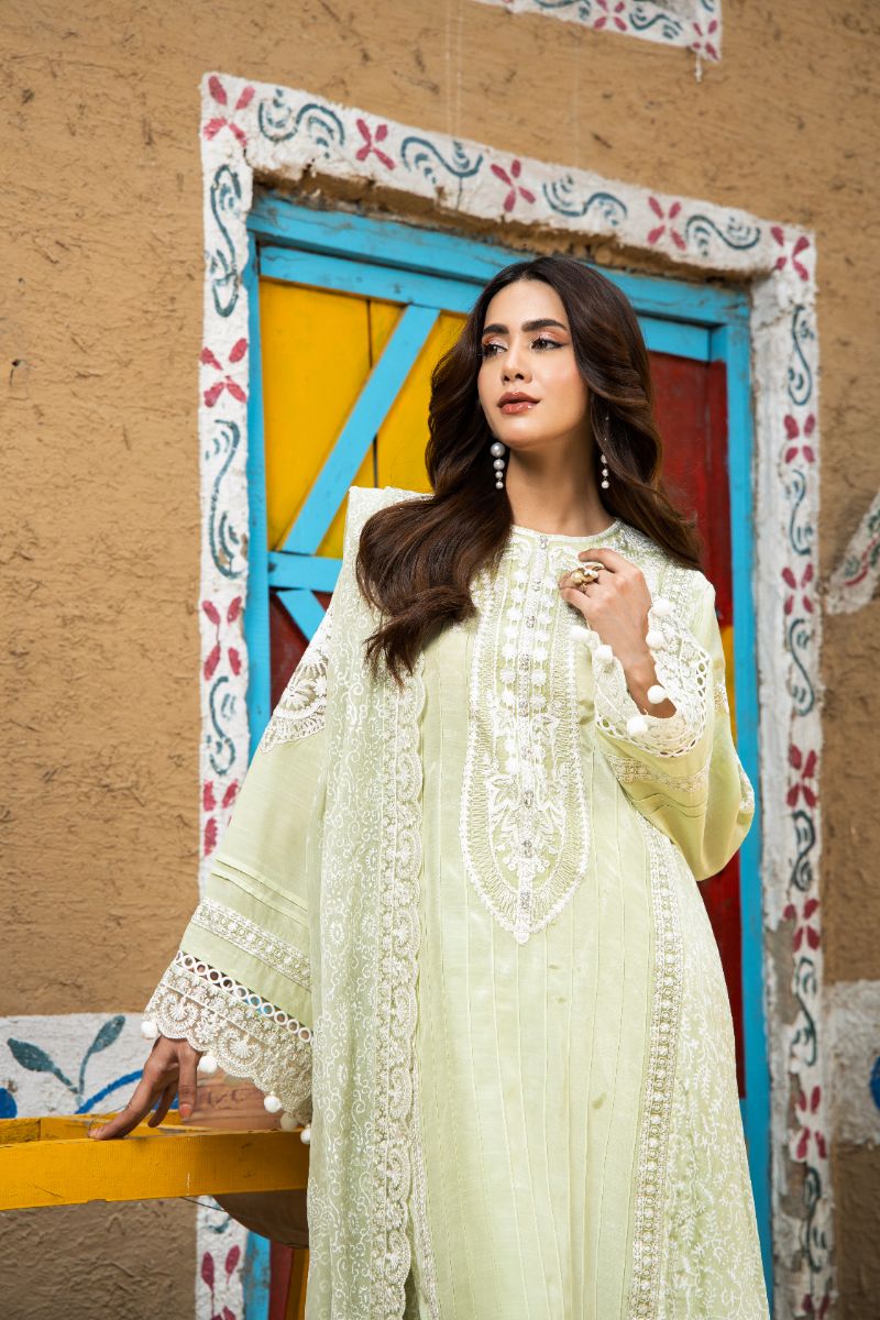 Laleen - Pistelle Raw Silk Suit For Women - Mint Green - 3 Piece