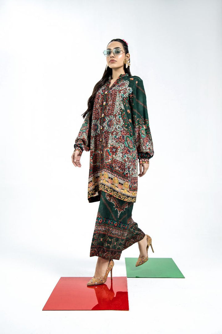 Laleen - Prism Raw Silk Suit For Women - Bottle Green - 2 Piece
