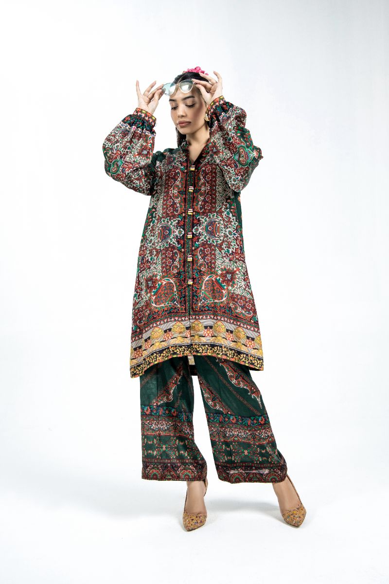 Laleen - Prism Raw Silk Suit For Women - Bottle Green - 2 Piece