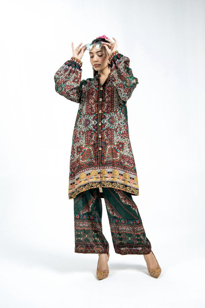 Laleen - Prism Raw Silk Suit For Women - Bottle Green - 2 Piece