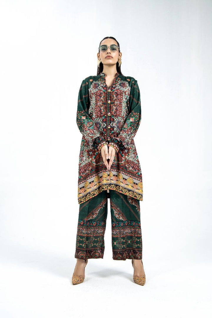 Laleen - Prism Raw Silk Suit For Women - Bottle Green - 2 Piece