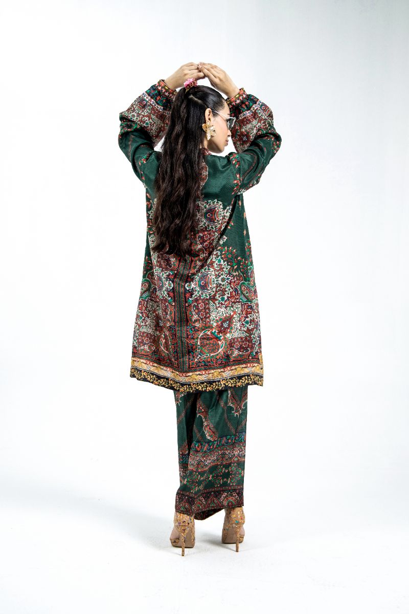 Laleen - Prism Raw Silk Suit For Women - Bottle Green - 2 Piece