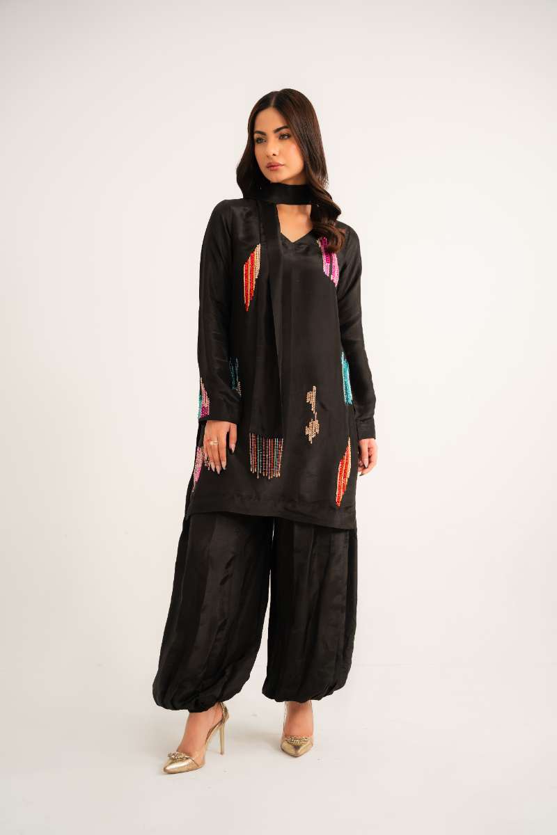 Leon -Midnight Prism Tassle Silk Suit For Women - Black - 2 Piece