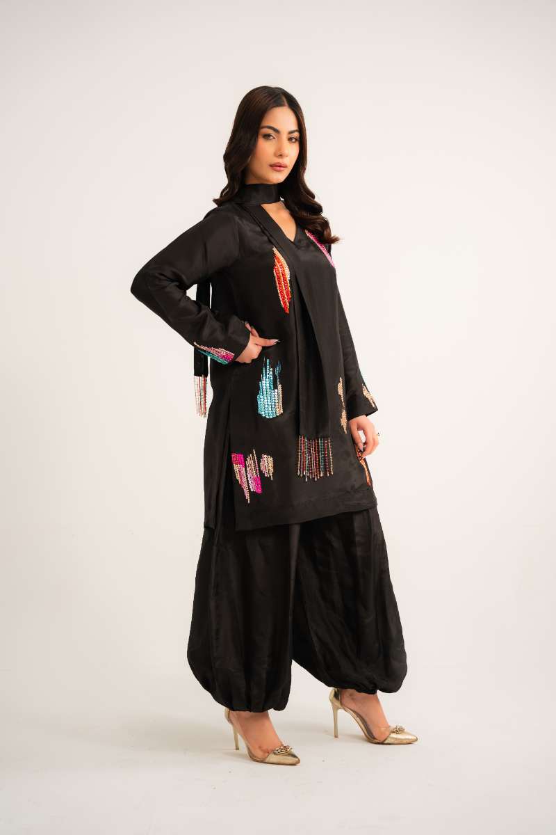 Leon -Midnight Prism Tassle Silk Suit For Women - Black - 2 Piece