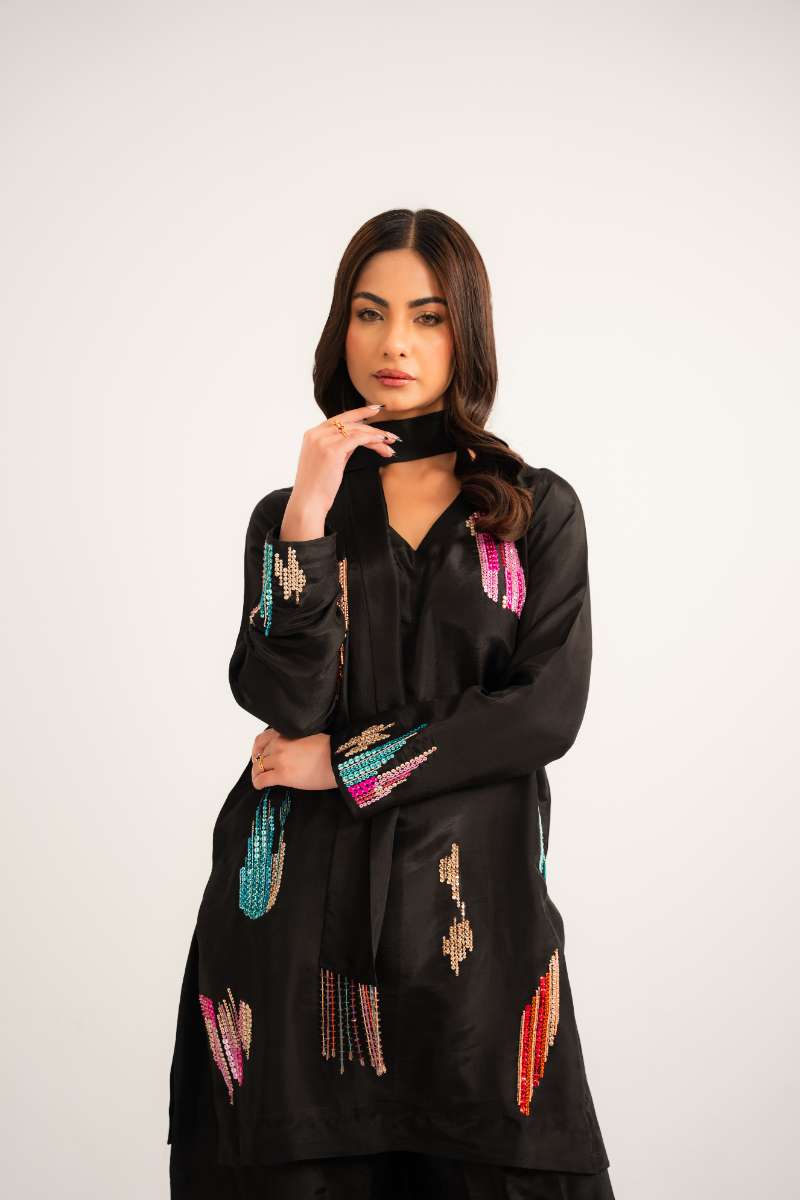 Leon -Midnight Prism Tassle Silk Suit For Women - Black - 2 Piece