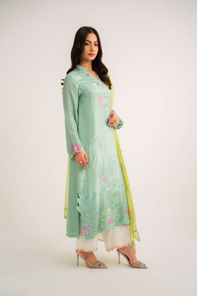 Leon -Elara Sheesha Silk Suit For Women - Soft Mint - 2 Piece
