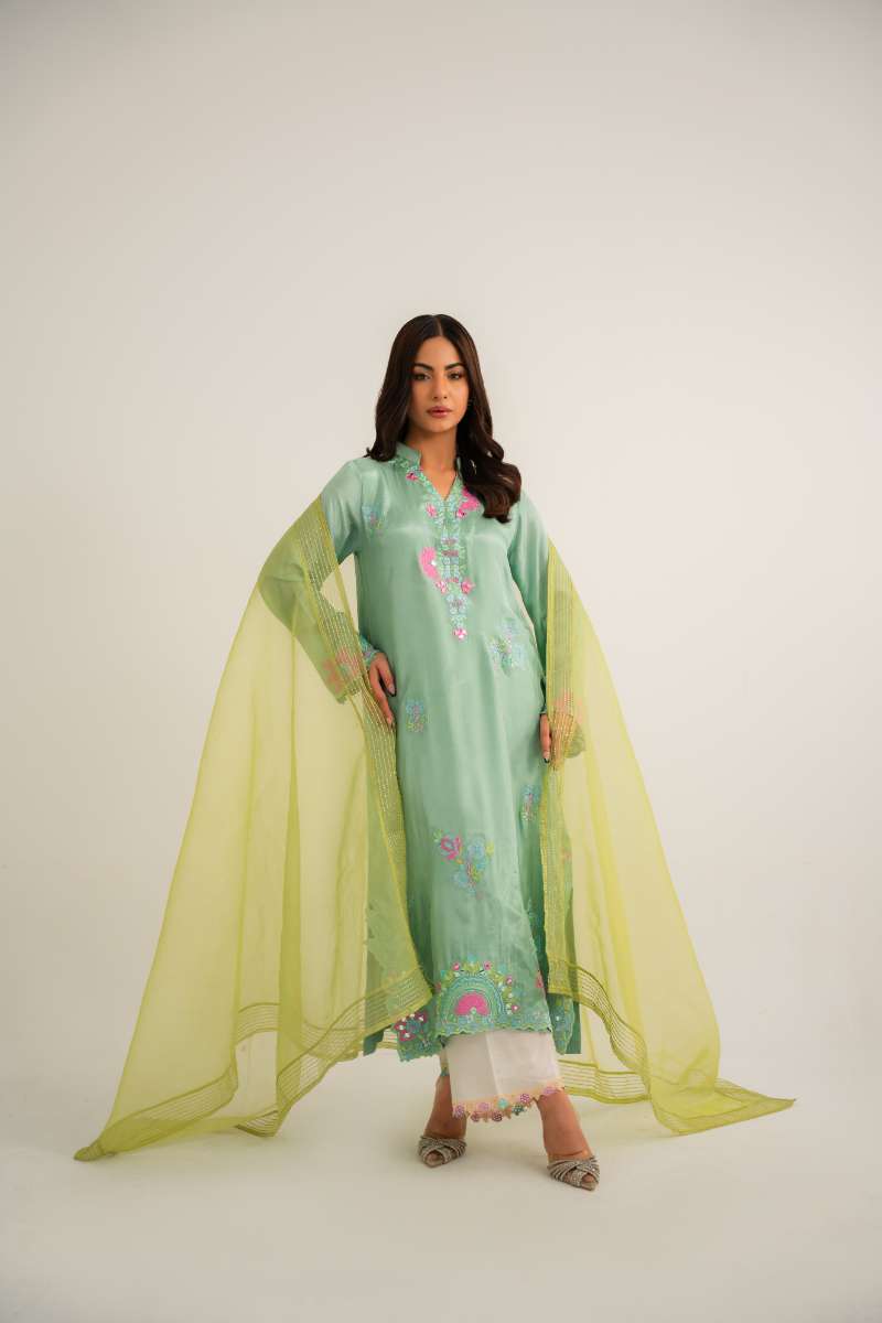 Leon -Elara Sheesha Silk Suit For Women - Soft Mint - 2 Piece