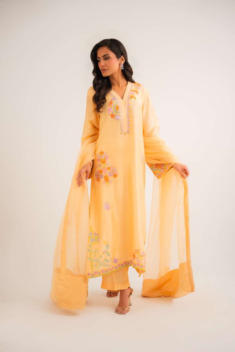 Leon -Lyra Sheesha Silk Suit For Women - Butter Yellow - 2 Piece