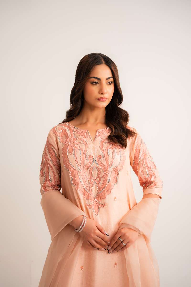 Leon -Peach Dawn Sheesha Silk Suit For Women - Peach - 2 Piece