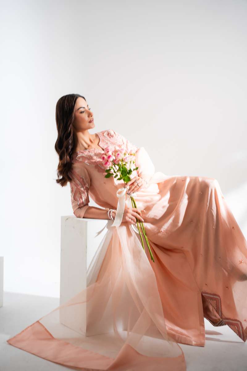 Leon -Peach Dawn Sheesha Silk Suit For Women - Peach - 2 Piece