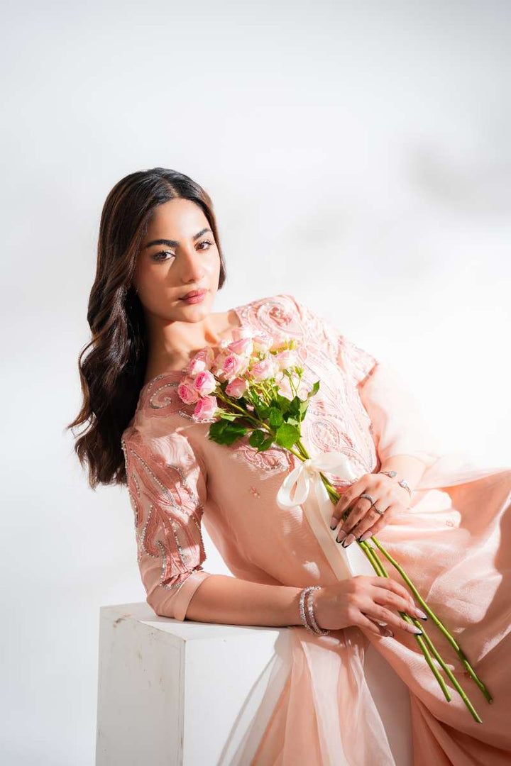 Leon -Peach Dawn Sheesha Silk Suit For Women - Peach - 2 Piece