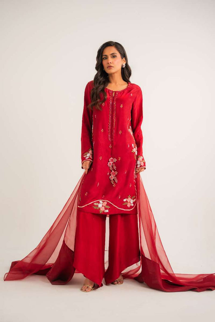 Leon -Floral Ember Tassle Silk Suit For Women - Red - 3 Piece