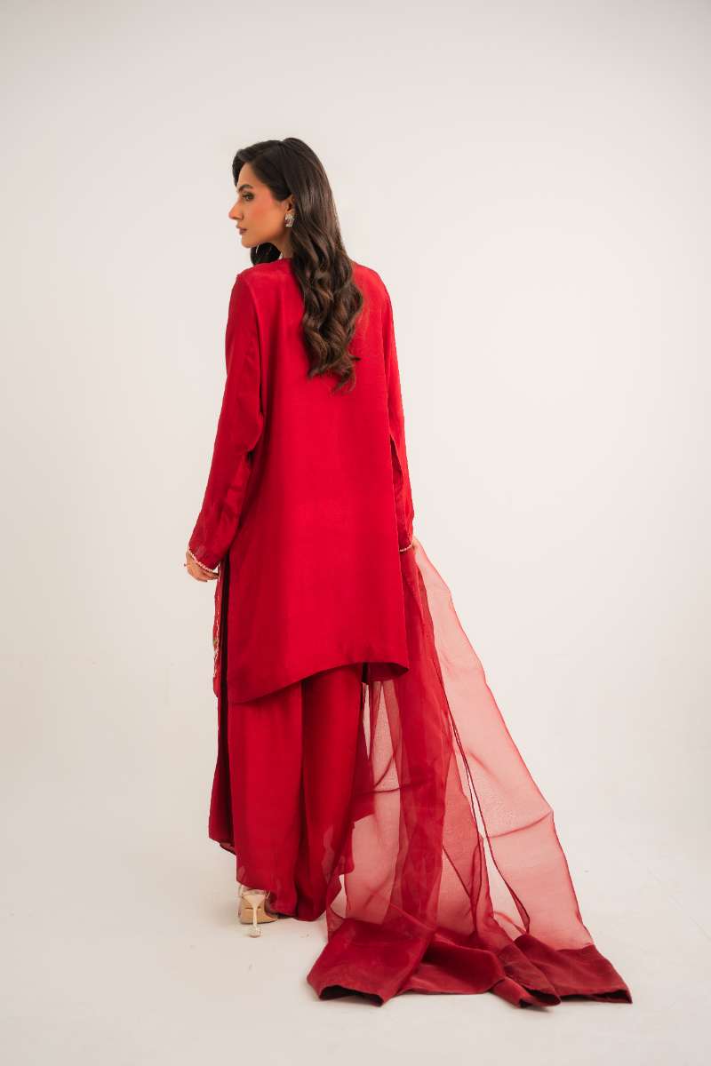 Leon -Floral Ember Tassle Silk Suit For Women - Red - 3 Piece