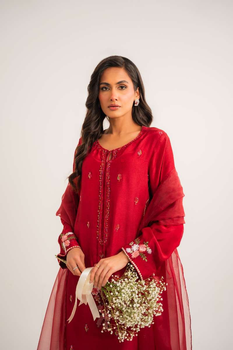 Leon -Floral Ember Tassle Silk Suit For Women - Red - 3 Piece