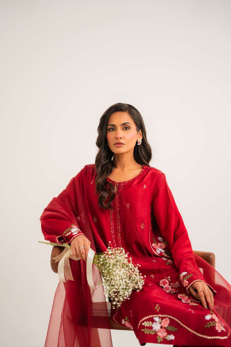 Leon -Floral Ember Tassle Silk Suit For Women - Red - 3 Piece