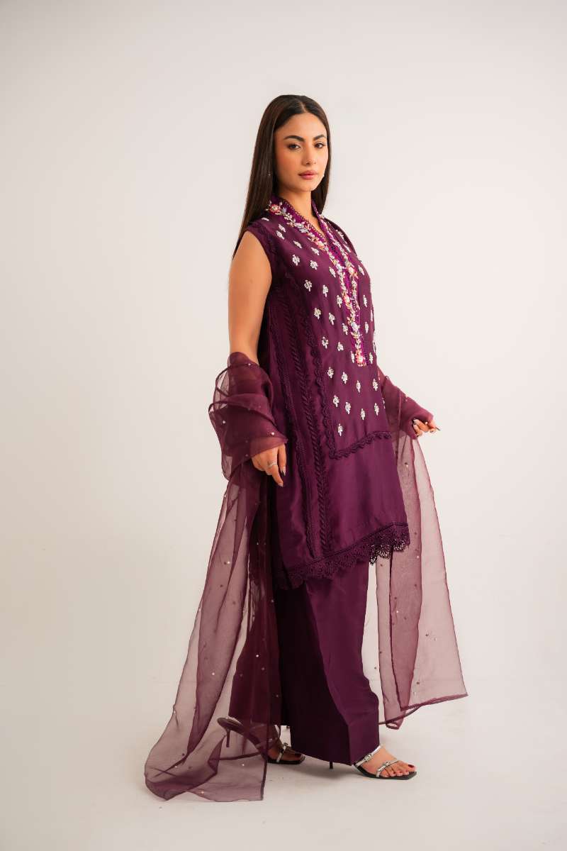 Leon -Midnight Orchid Tassle Silk Suit For Women - Purple - 3 Piece