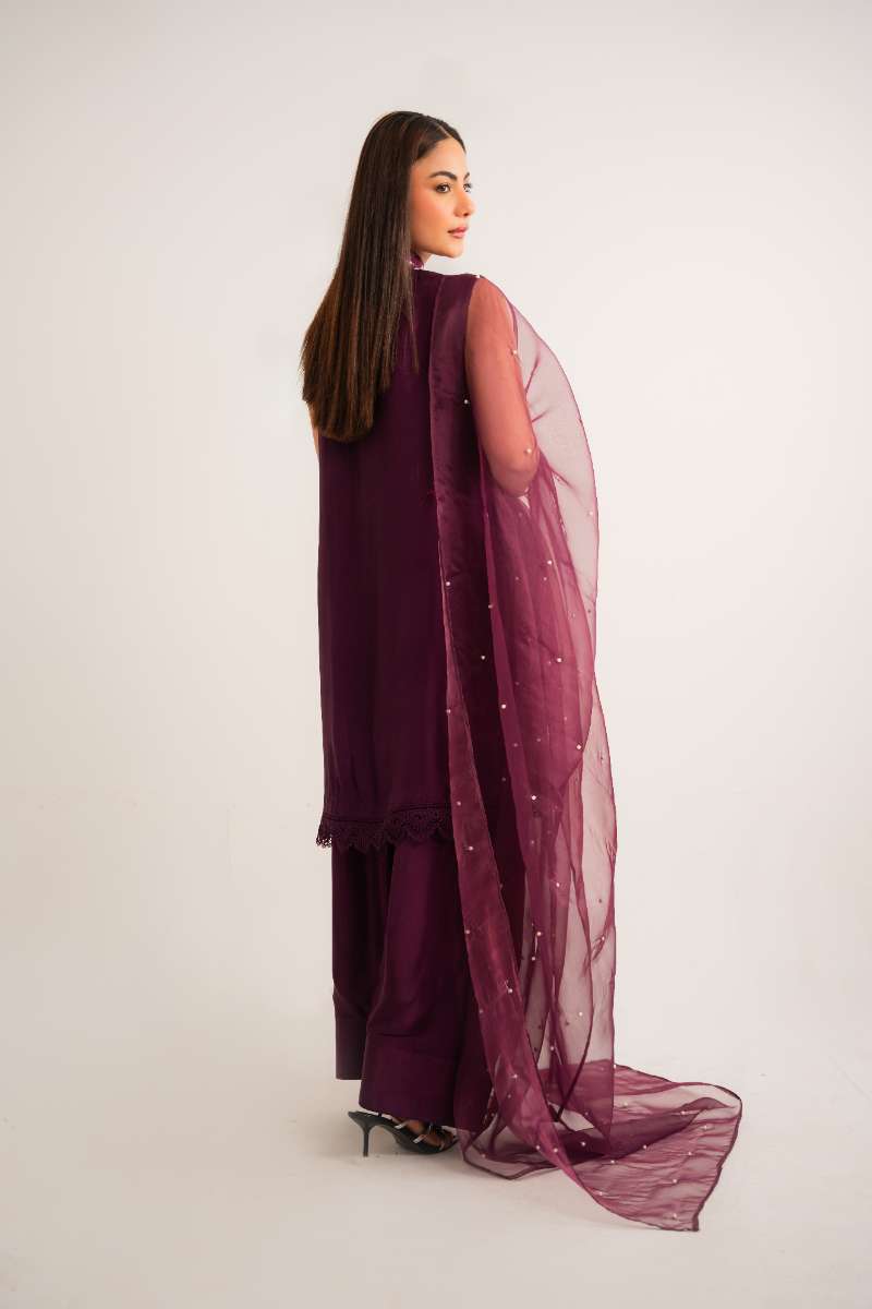 Leon -Midnight Orchid Tassle Silk Suit For Women - Purple - 3 Piece