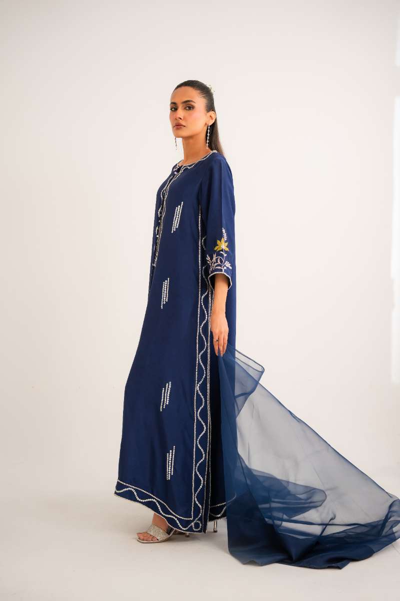 Leon -Azure Tassle Silk Suit For Women - Navy Blue - 2 Piece