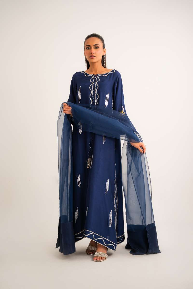 Leon -Azure Tassle Silk Suit For Women - Navy Blue - 2 Piece