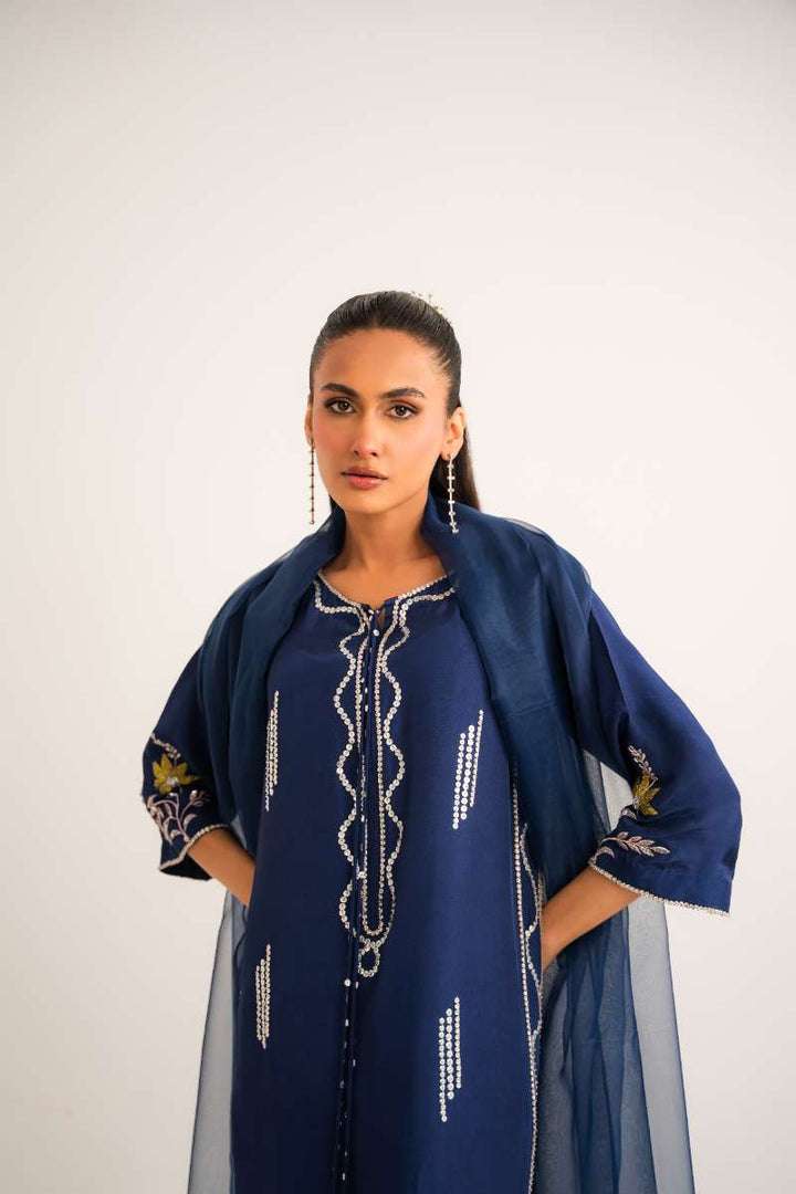 Leon -Azure Tassle Silk Suit For Women - Navy Blue - 2 Piece