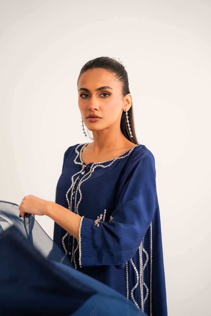 Leon -Azure Tassle Silk Suit For Women - Navy Blue - 2 Piece