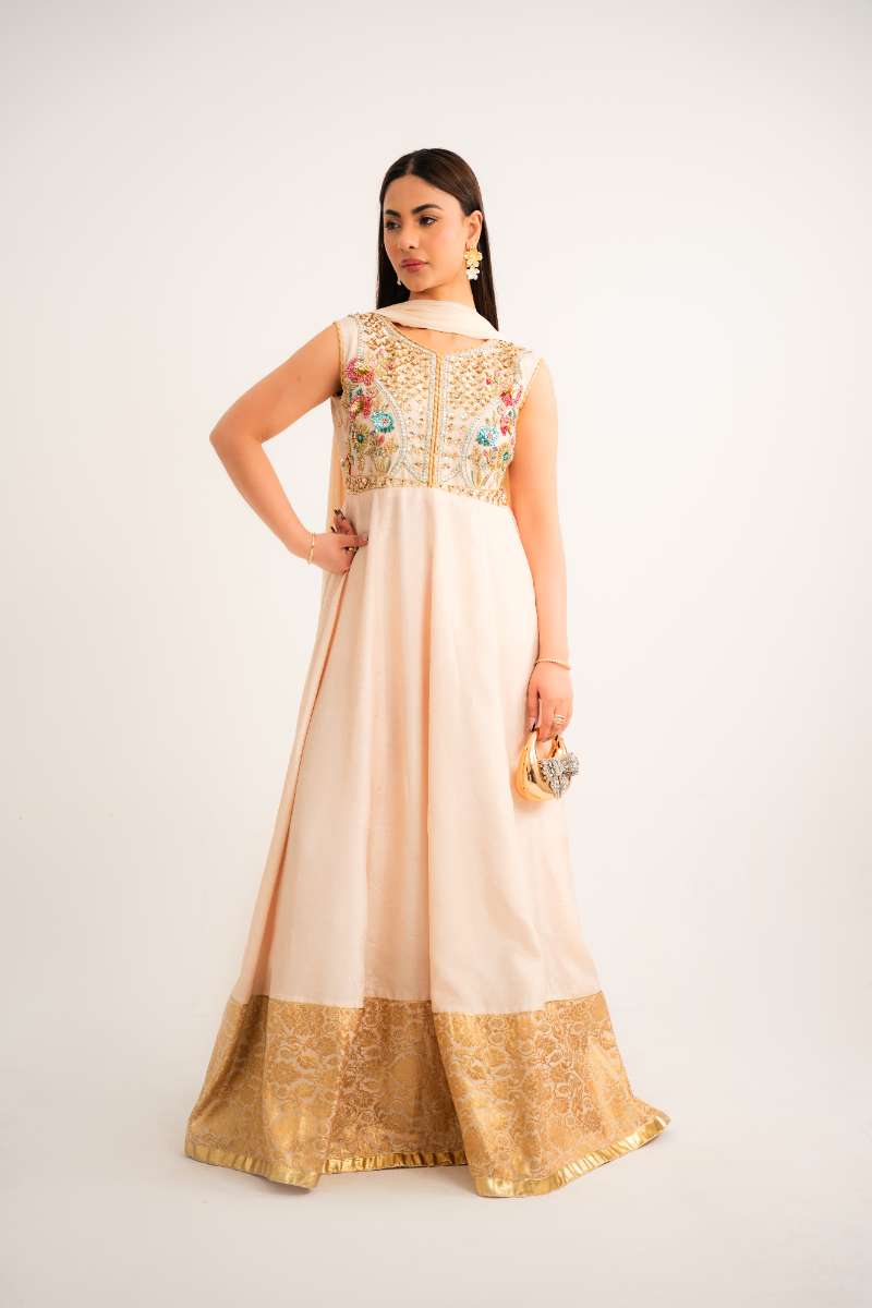 Leon -Ivory Bloom Korean Silk Suit For Women - Wide Golden - 2 Piece