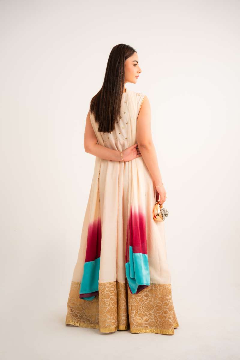 Leon -Ivory Bloom Korean Silk Suit For Women - Wide Golden - 2 Piece