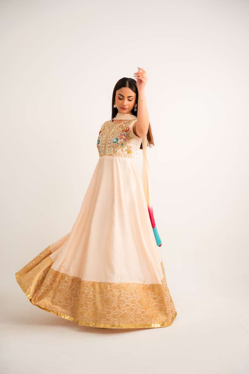 Leon -Ivory Bloom Korean Silk Suit For Women - Wide Golden - 2 Piece