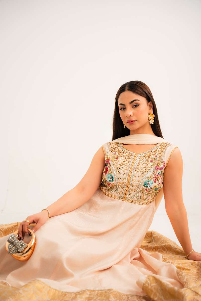 Leon -Ivory Bloom Korean Silk Suit For Women - Wide Golden - 2 Piece