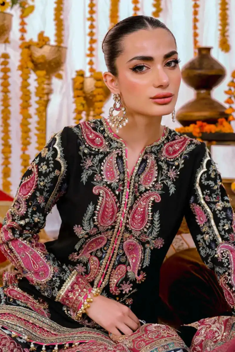 Reema Ahsan - Alizay - Raw silk, Shamoos & Net - Black & Hot Pink - 3 Piece