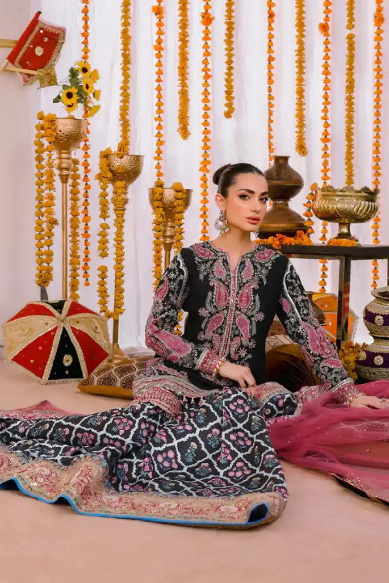 Reema Ahsan - Alizay - Raw silk, Shamoos & Net - Black & Hot Pink - 3 Piece