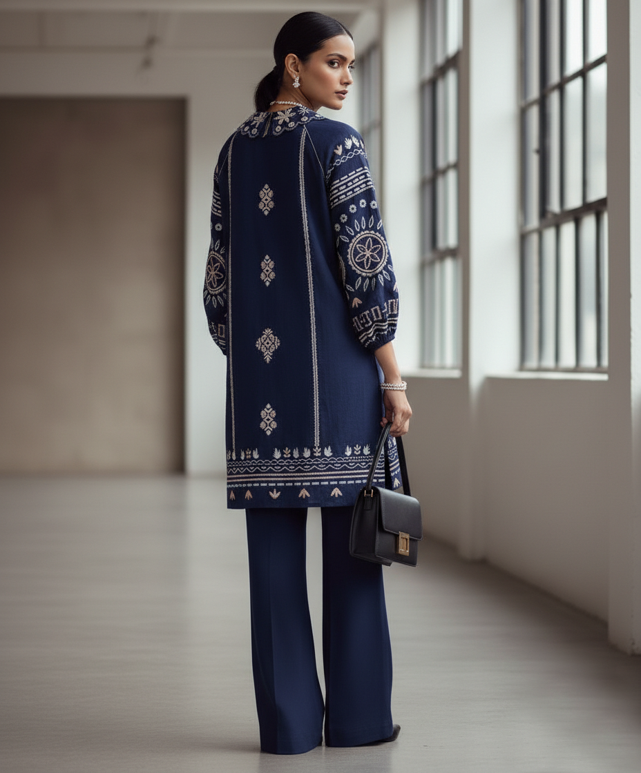 Reema Ahsan - Arish Khadi Silk Suit For Women - Navy Blue - 2 Piece